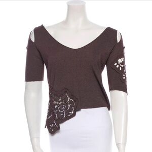 Sexy Roberto Cavalli Dark Brow Stretch Blouse Top with Floral Appliqué S